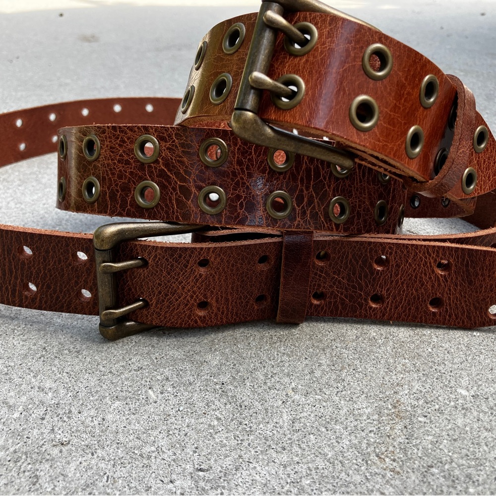 Mens Amber Tan Leather Double Hole Belt Two Holes Eyelets Grommet Belt